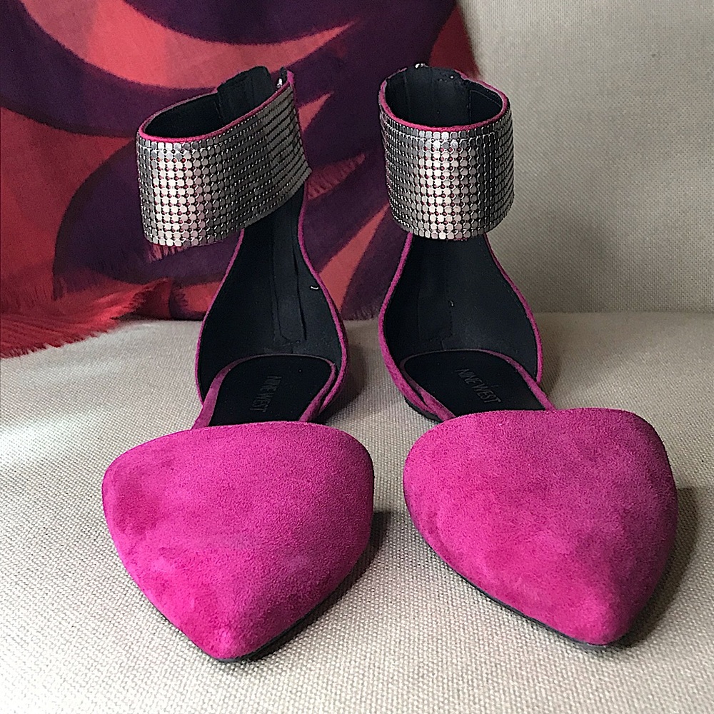 Wine colored suede flats with embellished ankle straps. Size 7